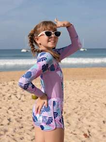 SHEIN Bộ đồ bơi liền thân dài tay in họa tiết cây nhiệt đới và hoa cho bé gái tuổi mới lớn 2 món - Màu tím - Xem 4