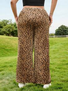SHEIN EZwear 大码松紧腰口袋格子休闲裤，日常休闲装 - 駝色 - 查看 2