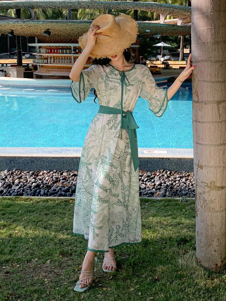 Women's Front Tie Waist Short Sleeve Floral Print Casual Long Dress Summer Maxi Dress