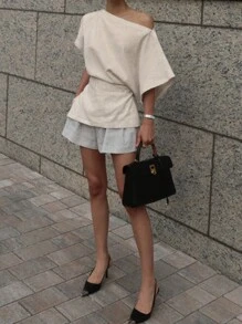 DAZY Áo sơ mi nữ tay ngắn hở vai đơn giản, trang phục thường ngày vải lanh Y2k - Màu be - Xem 10