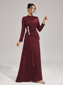 Coutiva Ny moderiktig elegant, åtsittande klänning med ståkrage och långärmad ärm, klänning för bröllopsgäster, festklänning, formell klänning, aftonklänning, klänning - Bourgogne - Visa 1