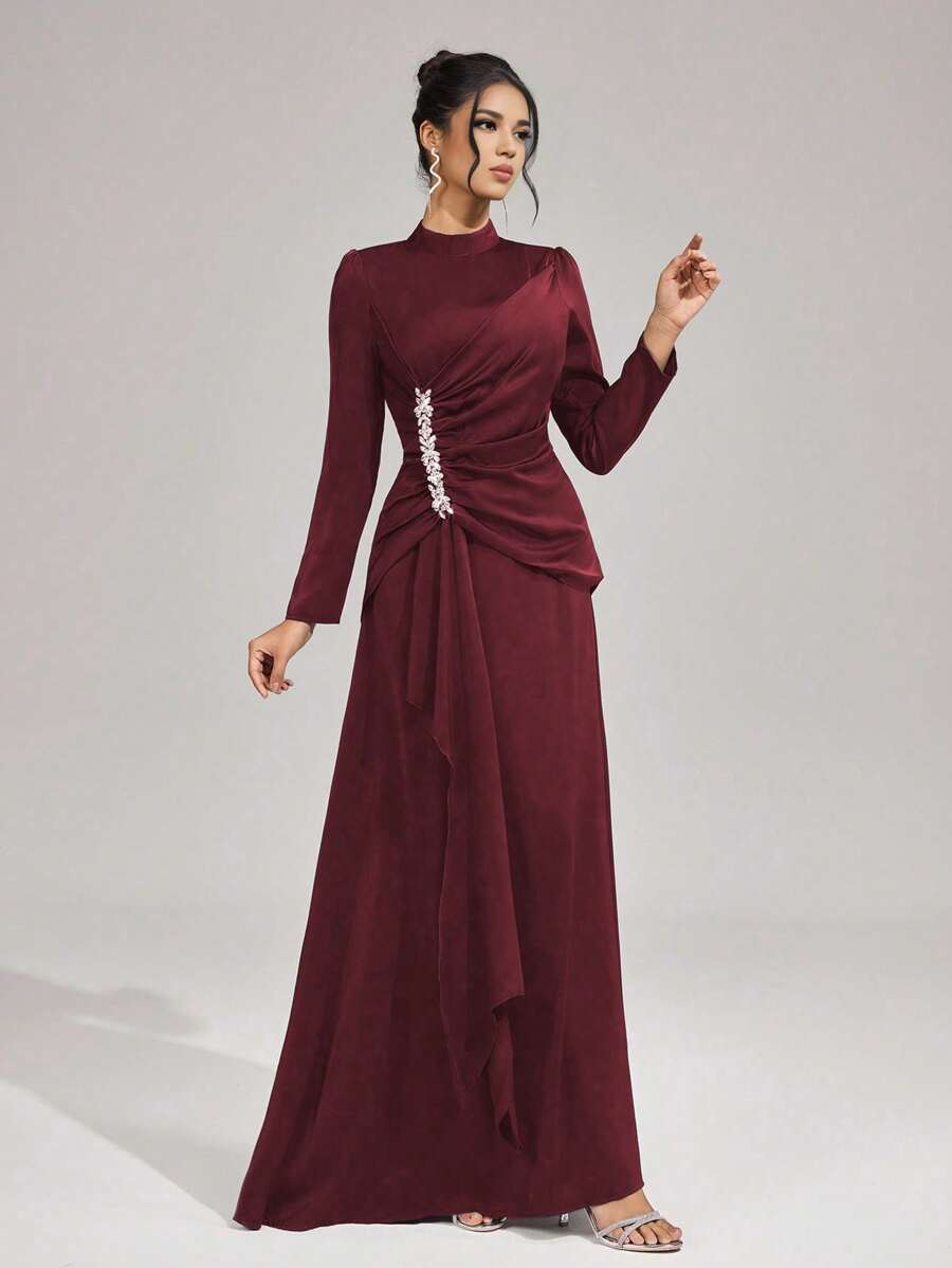 Coutiva Ny moderiktig elegant, åtsittande klänning med ståkrage och långärmad ärm, klänning för bröllopsgäster, festklänning, formell klänning, aftonklänning, klänning - Bourgogne - Visa 1