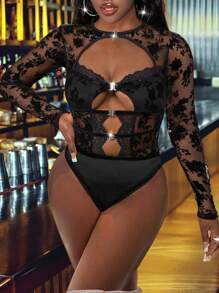 Slaydiva Women's Sexy Hollow-Out Metallic Lace Bodysuit, Suitable For Christmas, New Year, Valentine's Day, Party, Date, Daily Wear, All Season - Black - View 2