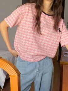 DAZY 女式撞色拼布不对称条纹纹理面料印花短袖 T 恤，粉色，春夏格子 - 粉色 - 查看 6