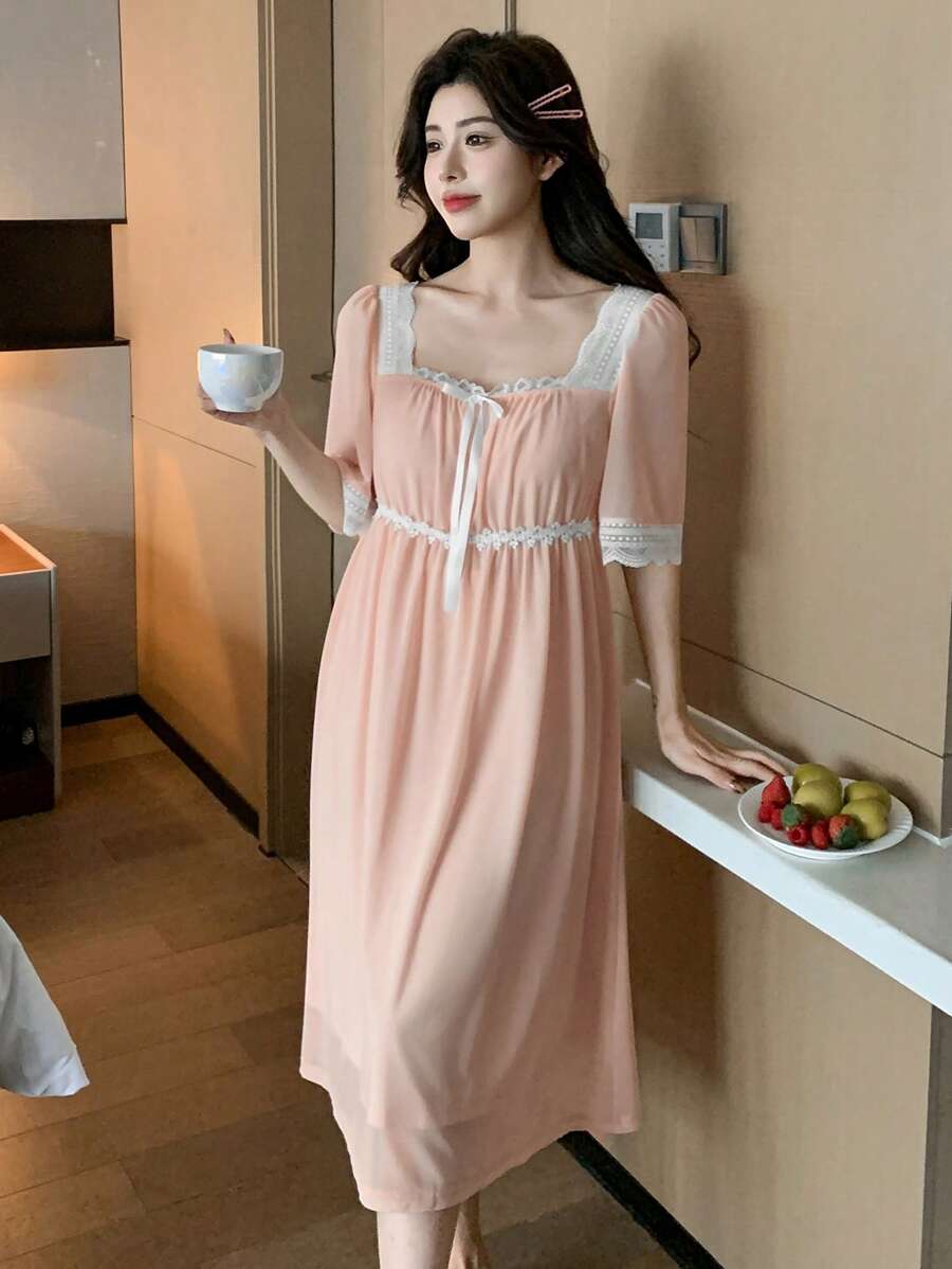 DAZY Sweet Lace & Mesh Panel Scoop Neck Waist Defined Nightgown Pajama - Pink - View 1