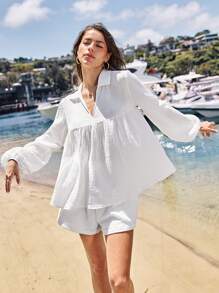 SHEIN VCAY 2pcs/Set Women's Solid Color Woven Loose Long Sleeve Shirt & High Waist Shorts - White - View 3