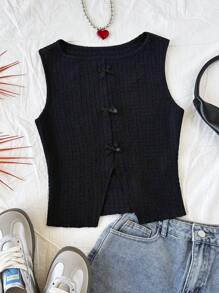 Soleia Women's Apricot Knitted Textured Round Neck Slit Bow Accent Cropped Black Tank Top, For Holiday - Black - View 1