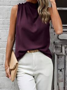 SHEIN Clasi قميص كاجوال بياقة عالية مجعد بدون أكمام لون سادة