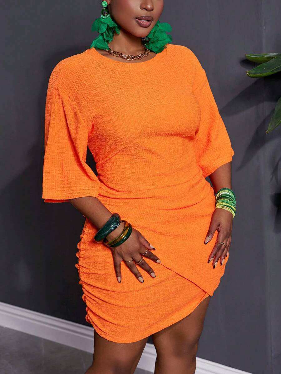 Slaydiva Plus Size Elegant Cross Ruched Hem Mini Casual Dress - Coral Orange - View 1