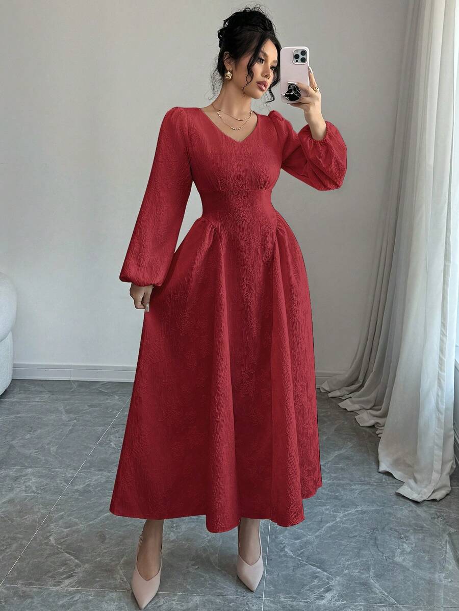 Modelyn Women's Solid Color V-Neck Long Sleeve Casual Long Dress