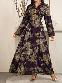 Al Najma 女式花卉印花拼布流苏长袖优雅阿拉伯连衣裙，优雅 A 字形 Jalabiya 阿拉伯连衣裙，适合晚会，端庄 - 酒紅色 - 查看 7