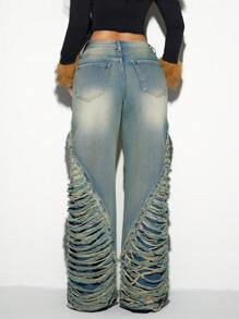 SHEIN ICON Women's Retro Washed Distressed Straight Leg Jeans - Blue - View 2