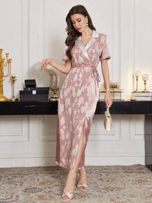 Modelyn Embroidered Jacquard White Lapel Collar Splice Elegant Slim Fit Dress For Women - Pink - View 3