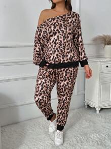 SHEIN LUNE 大码休闲豹纹不对称领长袖上衣和裤子两件套，秋季