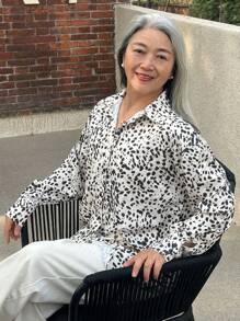DAZY 豹纹图案休闲宽松翻领女式衬衫，秋季长袖上衣 - 米色 - 查看 3