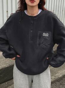 FRIFUL 女士宽松字母图案落肩长袖口袋细节运动衫