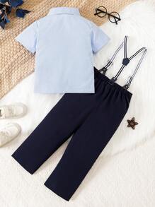 2 pièces Ensembles pour Jeunes Garçons: Haut à manches courtes avec col boutonné bleu et blanc décoré de nœud papillon + Pantalon bleu à taille élastique, Style Britannique Décontracté Adapté pour l'Extérieur, les Fêtes en Été (2 Ensembles Vendus Séparément) - bleu indigo - Voir 2