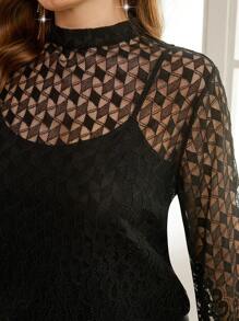 SHEIN Clasi Plus Size Elegant Sheer Lace Blouse For Women - Black - View 4