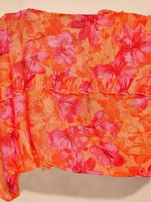 SHEIN BAE Plus Size Women Orange Multi-Color Large Floral Print Elegant 2Pcs Set: Ruffle Trim Floral Printed Long Sleeve Blouse/Top, Long Ruffle Trim Skirt, Mesh Skirt, Suitable For Valentine's Day, Carnival, Beach, Vacation, Back To School Season, Spring/Summer - Orange - View 7