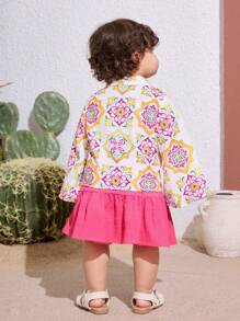 SHEIN 2 Stücke Set für Baby Mädchen, bestehend aus Langarm-Bluse mit Blumenmuster und Rock, Sommer Resort Outfit - Verschiedenfarbig - Übersicht 2