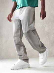 SUMWON Skater Fit Relaxed Wide-Leg Denim Jeans With Knee Patches, Urban Streetwear Casual Comfortable High-Quality Fall Winter Fashion - Grey - View 2