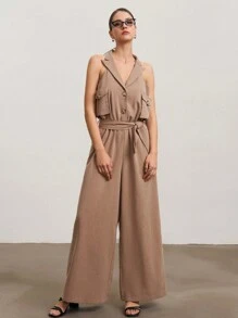 SHEIN Unity Women's Solid Color Lapel Collar Utility Pocket Wide Leg Sleeveless Casual Jumpsuit