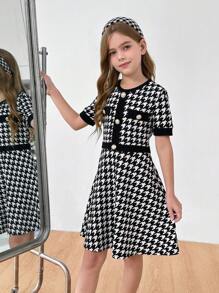 SHEIN Firerie Kids Váy dệt kim cổ tròn tay ngắn họa tiết Houndstooth chắp vá cho bé gái tuổi mới lớn, trang phục thường ngày khi trở lại trường - Đen và trắng - Xem 3