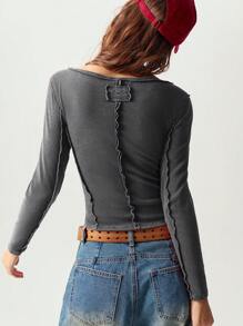 Bohemela Áo thun nữ tay dài cổ chữ V màu trơn đơn giản - màu đen - Xem 3