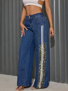 SHEIN SXY Women's Casual Leopard Print Patchwork Straight Leg Jeans