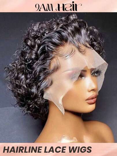 Short Curly Wave Pixie Cut T Part Lace Wig 12X0.5 Real Human Hair Wig 1B Natural Black Color Affordable Hair Replacement Wig Cheap Daily Use Wig For Beginner Friendly