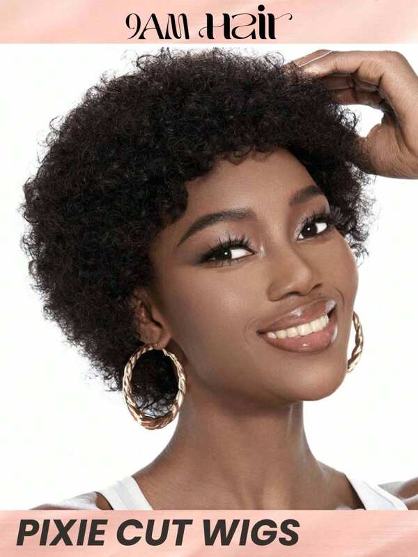 Perucă scurtă de păr uman cu tăietură pixie afro ondulată 1B Perucă de înlocuire a părului, la preț accesibil, perucă ieftină pentru utilizare zilnică pentru începători.