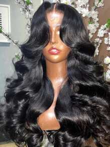 13x4/13x6 透明蕾丝前部假发，带窗帘刘海，波浪假发，真人发，自然色蕾丝前部，女士假发 - Natural Black - 查看 5