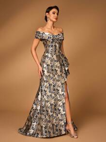 Serin Elegante y hermoso vestido de noche de satén jacquard plisado con estampado floral, con abertura, de estilo sirena, en azul marino, de un solo hombro, para bodas, fiestas, vacaciones, eventos formales y madre de la novia