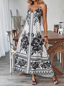 Breezaya 女士浪漫波西米亚度假休闲黑白拼布花卉印花吊带裙，春夏 - 黑與白 - 查看 1