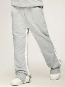 SHEIN Explorewe Tween Boy Single Piece Sweatpants, Pale Gray Sports Pants For Tween Boys Spring & Autumn. Side White Stripe Design Adds Vitality, Loose Fit Showcases Street Fashion Style, Patchwork Design Flatters The Figure, Allowing You To Effortlessly Exude Personalized Charm And Youthful Vigor On The Street. - Grey - View 5