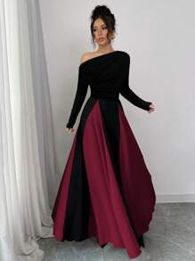 Rafferiza 女士优雅休闲连衣裙，斜肩褶饰，不对称下摆长袖紧身长裙女装 - 紅色 - 查看 3