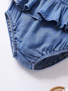 SHEIN 女婴浅蓝色牛仔裙 + 尿布套套装，女童春夏休闲度假波西米亚风家居服，女婴沙滩装 - 淺色水洗藍 - 查看 5