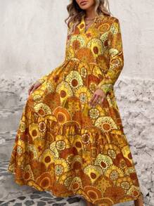SHEIN LUNE Tie-Front Neck Loose Fit Printed Dress Maxi Women Outfit
