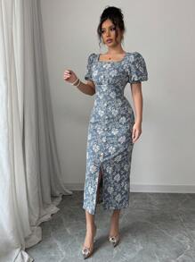 Modelyn 女士花卉提花泡泡袖方领纽扣细节优雅连衣裙 - 藍色 - 查看 3