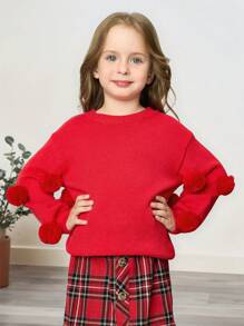 SHEIN Jersey de cuello redondo con textura y mangas abombadas para niñas pequeñas/jóvenes, apropiado para uso diario casual - Rojo - Ver 1