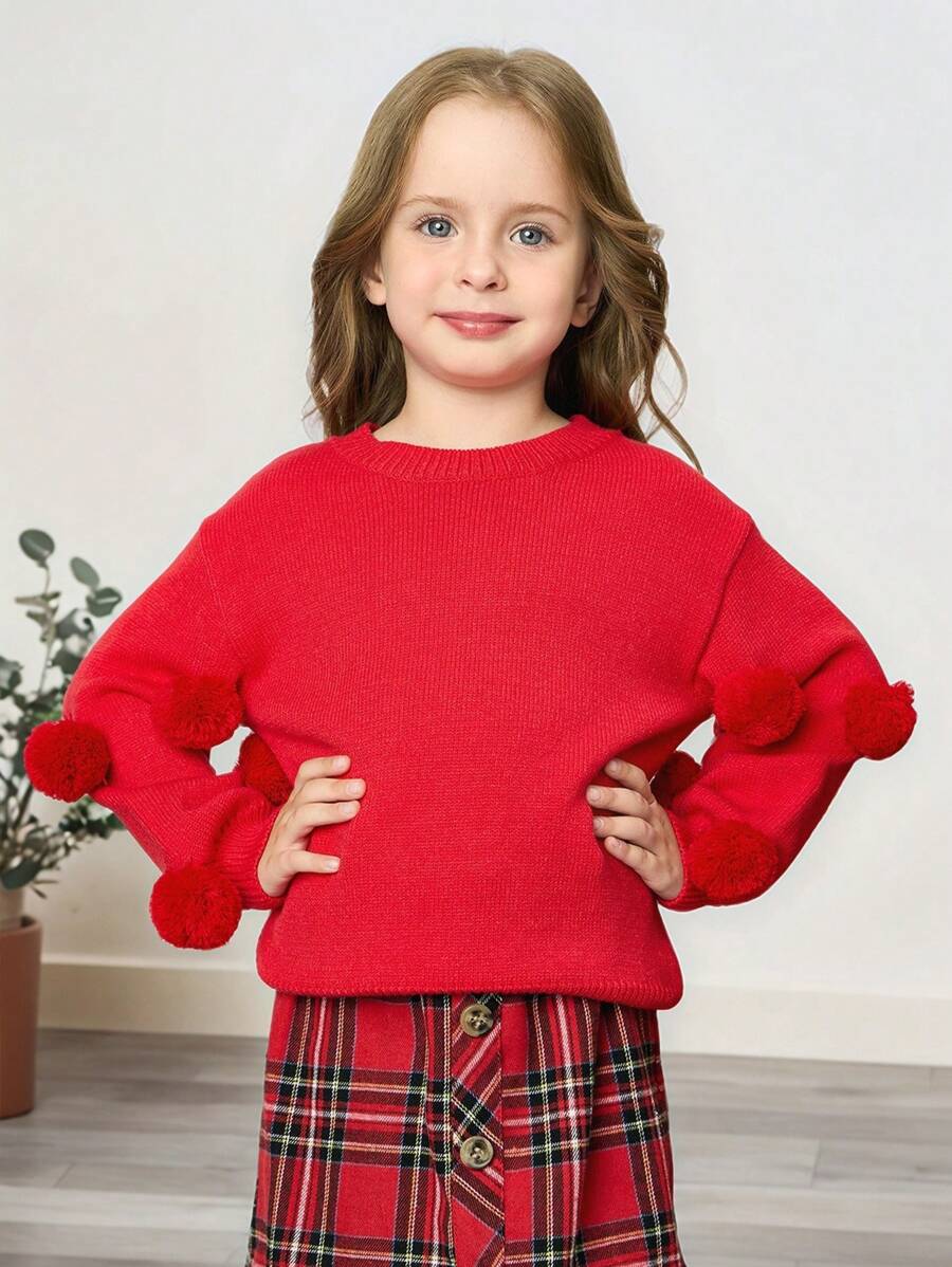 SHEIN Jersey de cuello redondo con textura y mangas abombadas para niñas pequeñas/jóvenes, apropiado para uso diario casual - Rojo - Ver 1