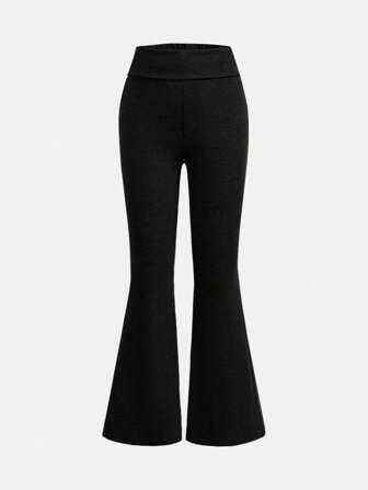 Tween Girl Solid Light Knited Flare Leg Pants With High Waist Fold-Over Waistband, Street Wear, For Daily Wear, Casual Occasions