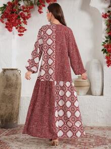 Lacomfia Vestido estampado de manga larga con escote en V y parche, de estilo árabe, modesto - Multicolor - Ver 2
