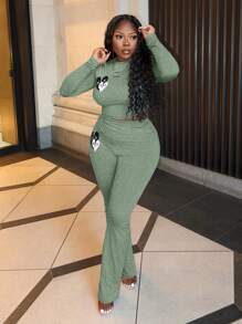 Slaydiva 2pcs Women Casual Basic Elegant Heart Print Long Sleeve Ruffle Blouse And Pants Set