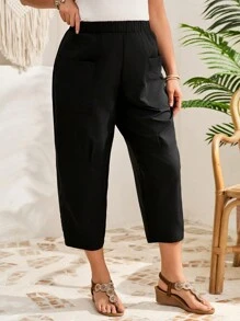 EMERY ROSE Plus Size Women's Solid Pocket Tapered Casual Capri Pants,Vacation Outfits Woman,Summer Clothes
