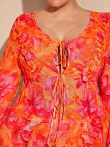 SHEIN BAE Plus Size Women Orange Multi-Color Large Floral Print Elegant 2Pcs Set: Ruffle Trim Floral Printed Long Sleeve Blouse/Top, Long Ruffle Trim Skirt, Mesh Skirt, Suitable For Valentine's Day, Carnival, Beach, Vacation, Back To School Season, Spring/Summer - Orange - View 3