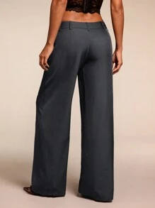 SHEIN BAE Women Black Solid Color Commuter Casual/Fashionable Outing/Versatile Casual/Old Money Style Patch Pocket High Waist Loose Wide-Leg Pants, Suitable For Work/Office, Low-Waisted, Loose, Wide-Leg, Long Pants, For Autumn/Winter