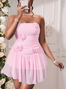 Slaydiva 可爱粉色性感甜美网眼花朵装饰抹胸连衣裙，适合派对、约会、日常穿着，适合冬季和夏季、新年和情人节 - 粉色 - 查看 2