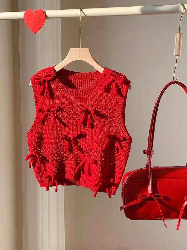 Comfortcana Women's Solid Color Crew Neck Sleeveless Bow Decor Simple Casual Sweater Vest