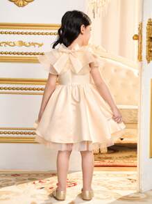 SHEIN Young Girl 2pcs Set: Cute Woven Mesh Organza Shawl & Woven Jacquard Sleveless Elegant Dress Outfit, 3D Rose Flower & Back Big Bow Decor,Spring/Summer Ramandan Style,Suitable For Girls Daily Wear, Festivals